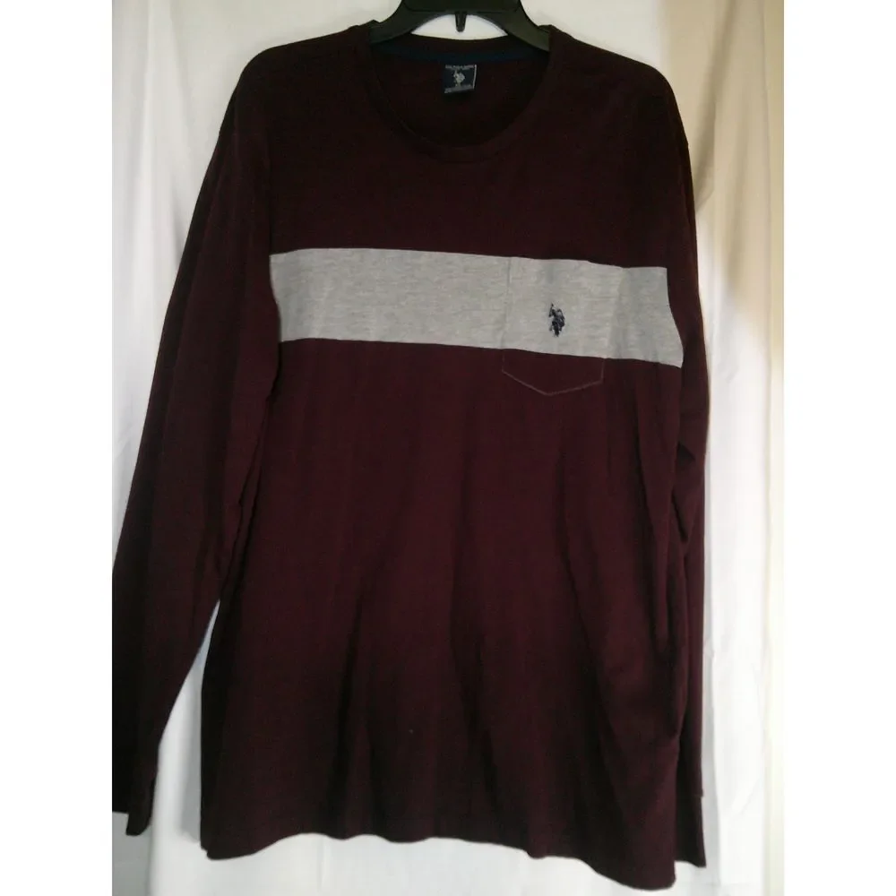 U.S. Polo Assn. Burgundy Long Sleeve‎ Shirt with Gray Stripe Casual Pullover XL